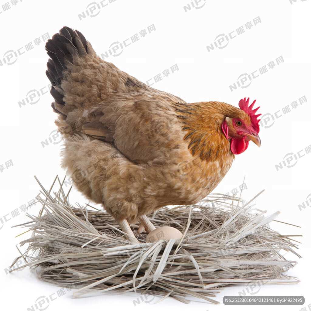 一只土老母鸡正在鸡窝下蛋 白底