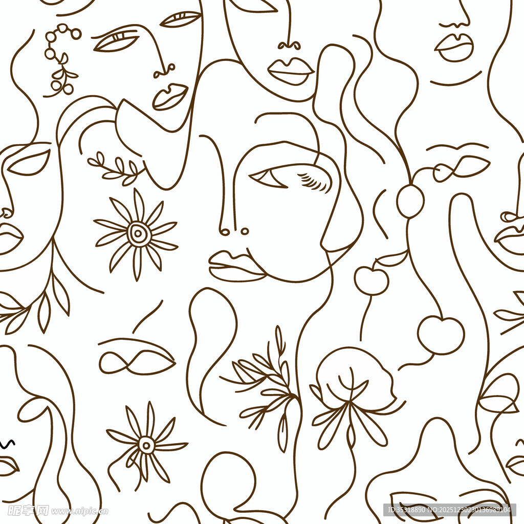 线条勾勒的人脸花卉图案