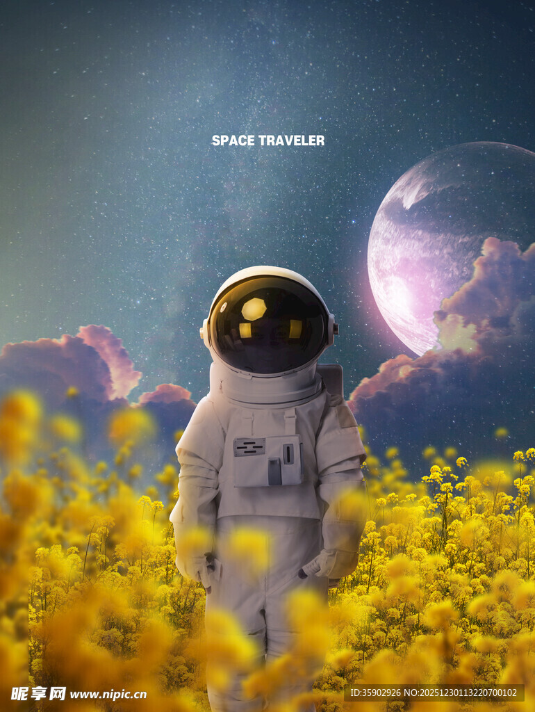 宇航员漫步于梦幻花田