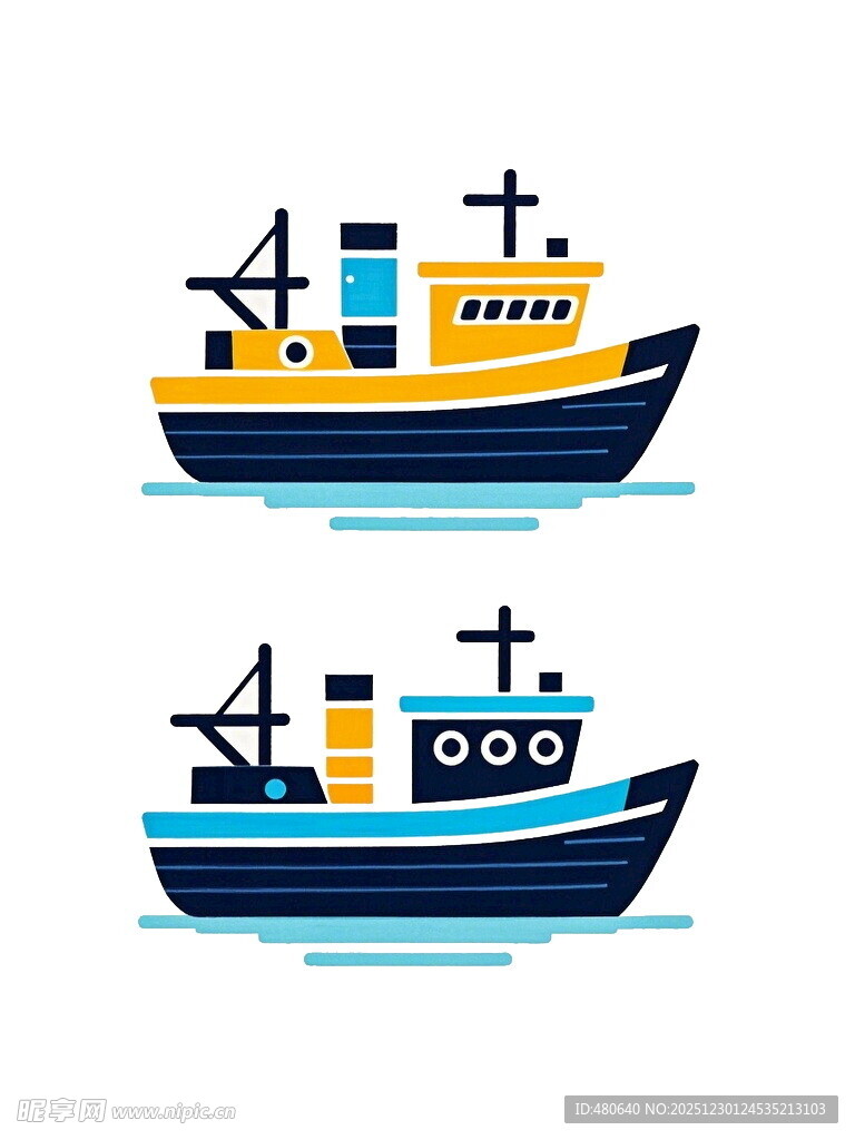 两艘色彩鲜明的海上船只