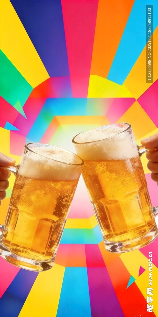 彩色背景下的啤酒杯碰杯