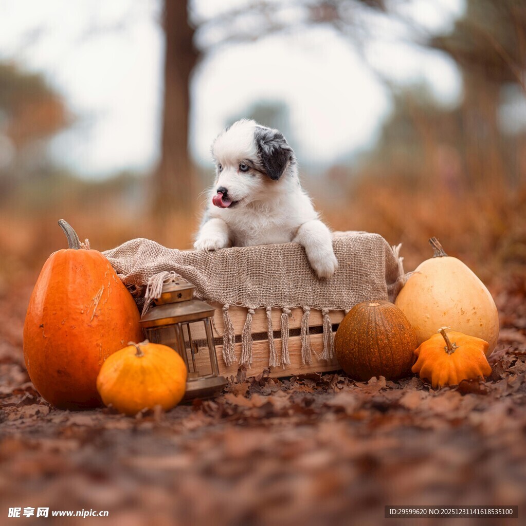 小狗与南瓜的秋日治愈场景