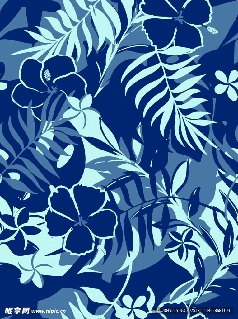 蓝调热带植物花卉图案