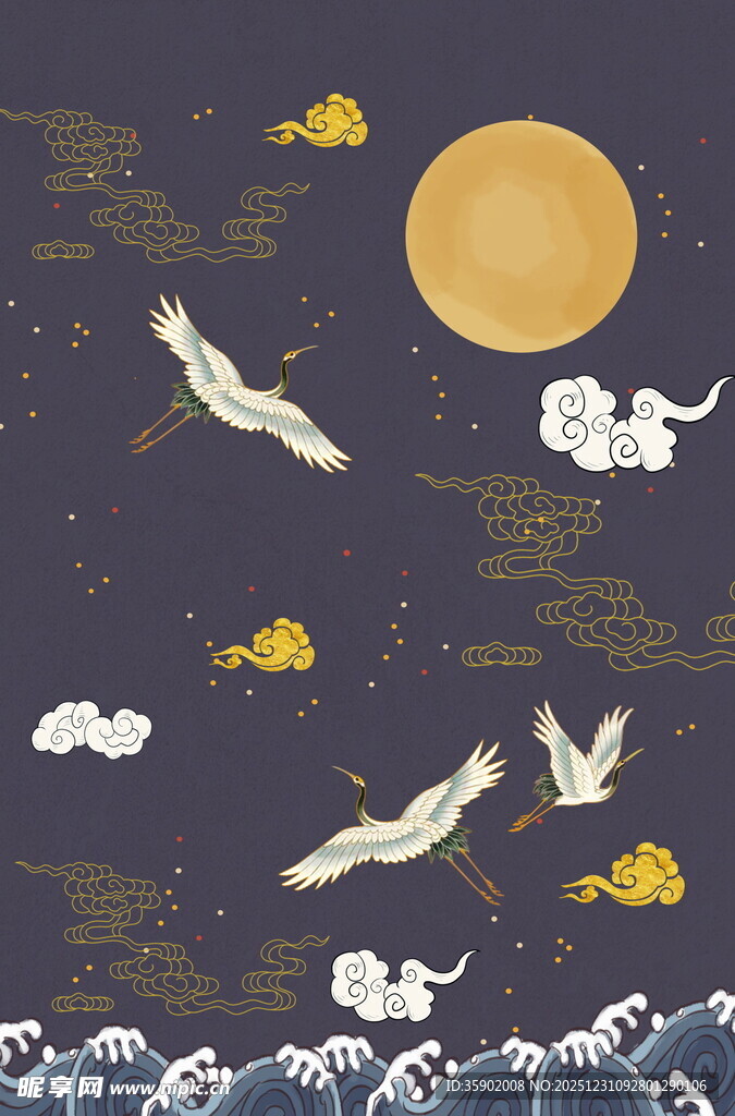 月夜飞鸟伴浪云景图