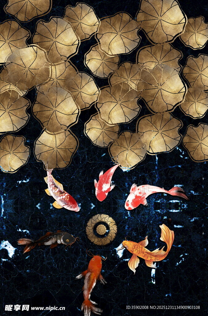 池塘锦鲤与水上荷叶景观