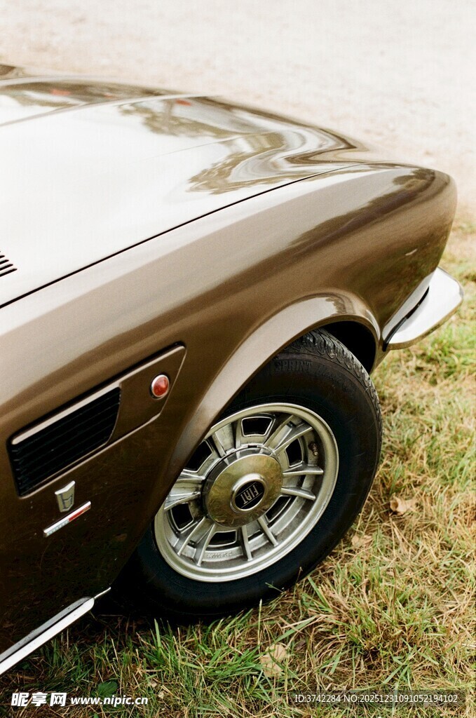 复古棕色跑车停于草地
