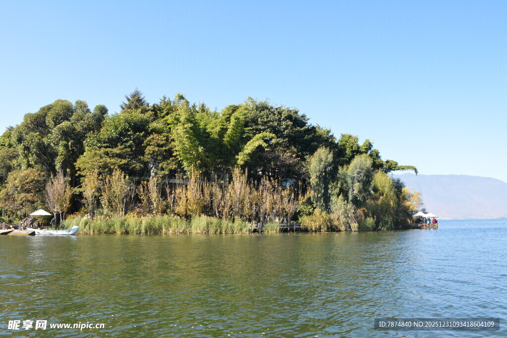 湖中小岛绿意盎然