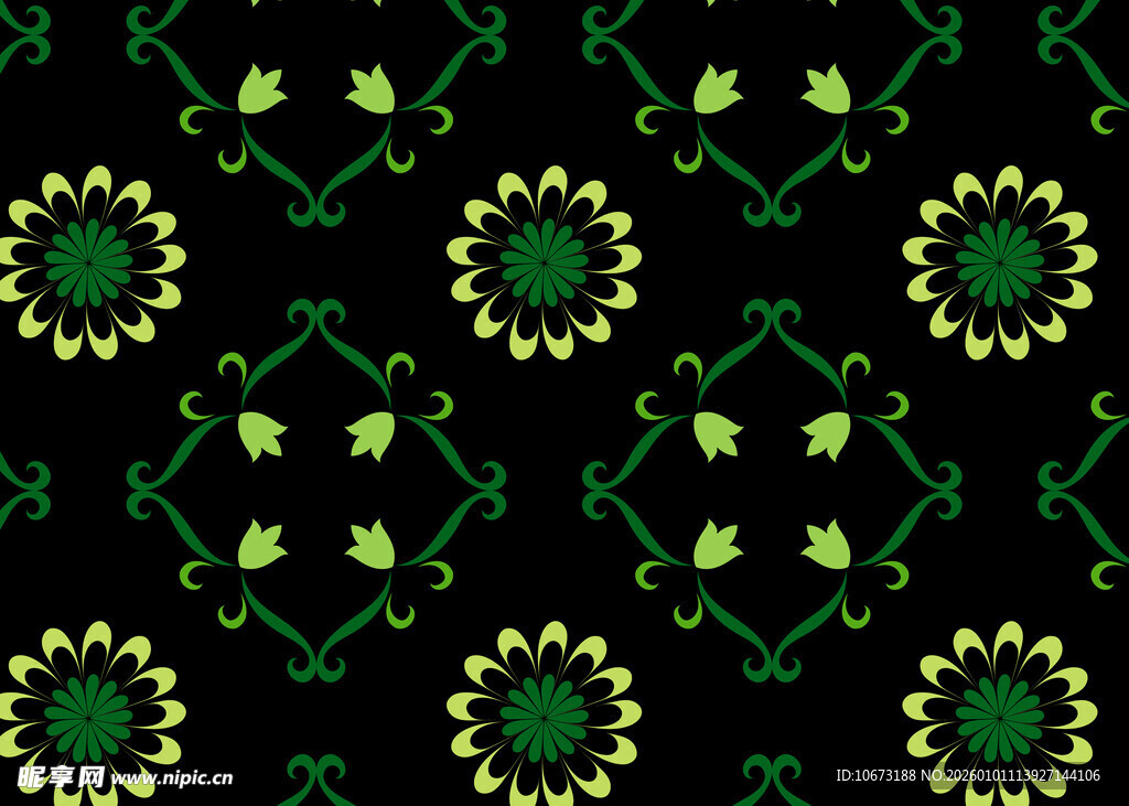 黑色底绿色花卉几何图案