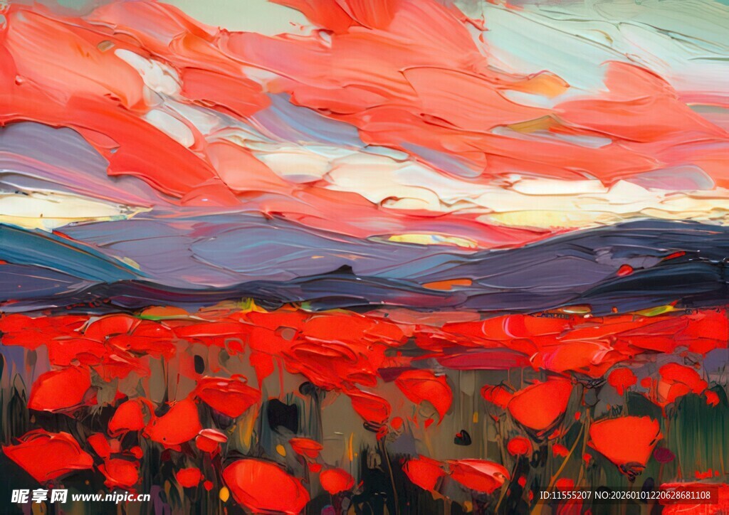 红色花海与绚丽天空美景