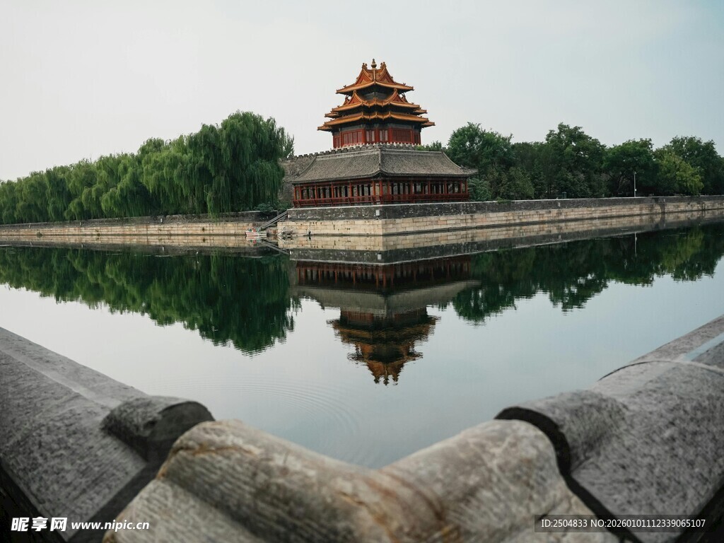 故宫角楼映于平静湖面