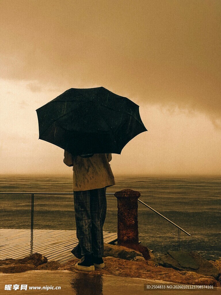 雨中独撑伞的孤独身影