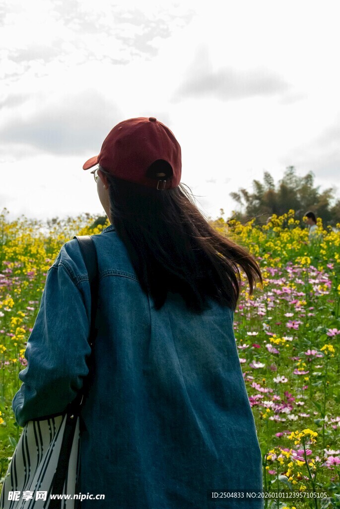 女孩漫步于多彩花田