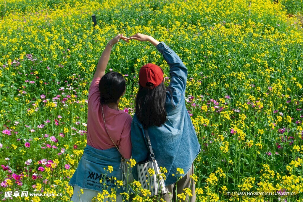 花海中姐妹欢乐比心