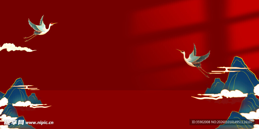 中式红背景飞鸟山峦图