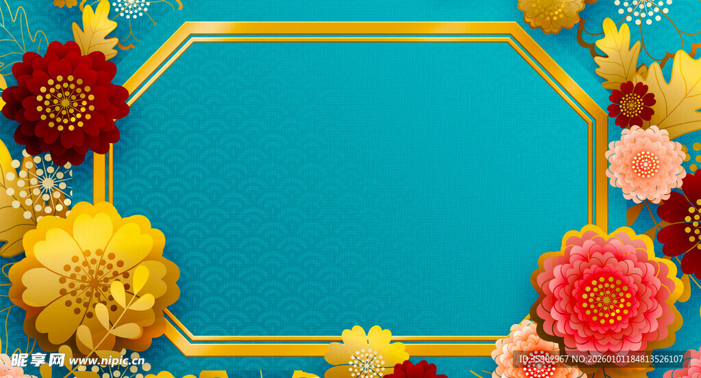 蓝底金边花卉装饰边框