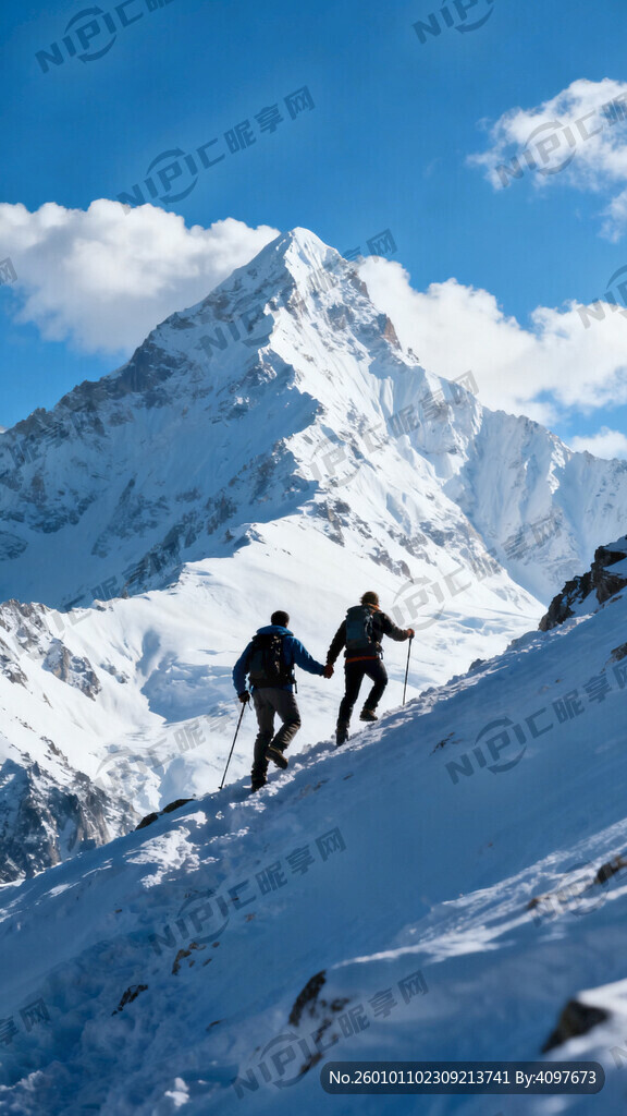 蓝天白云 雪山顶峰 两人携手