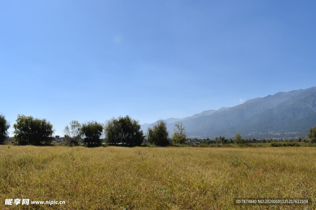 广袤田野与远处山峦景色