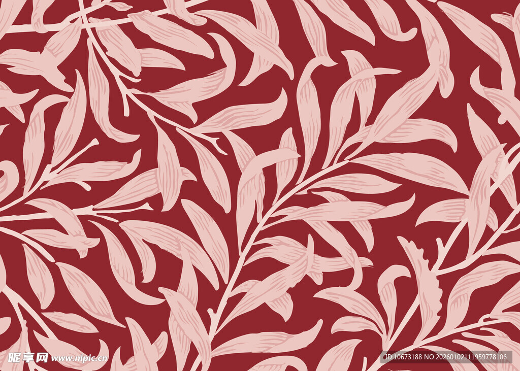 红底浅粉叶植物花纹图案