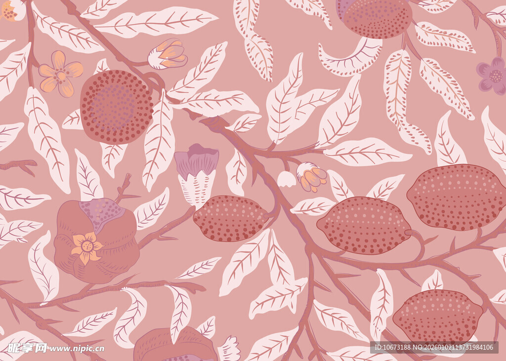 粉色枝叶果实花卉图案