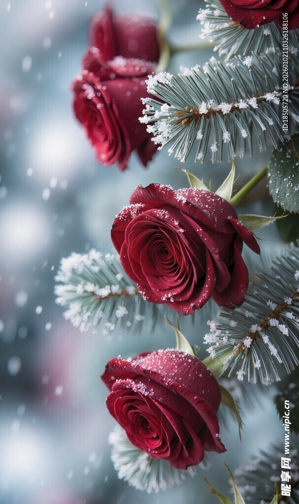 雪中红玫瑰与松枝