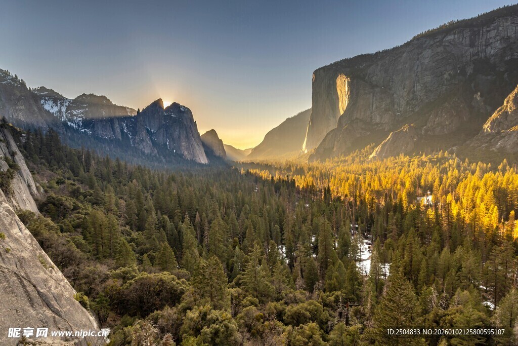 山谷森林壮丽日出景观