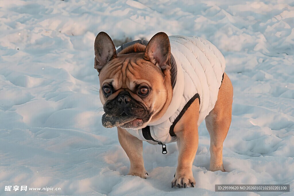 雪地里穿衣服的法国斗牛犬