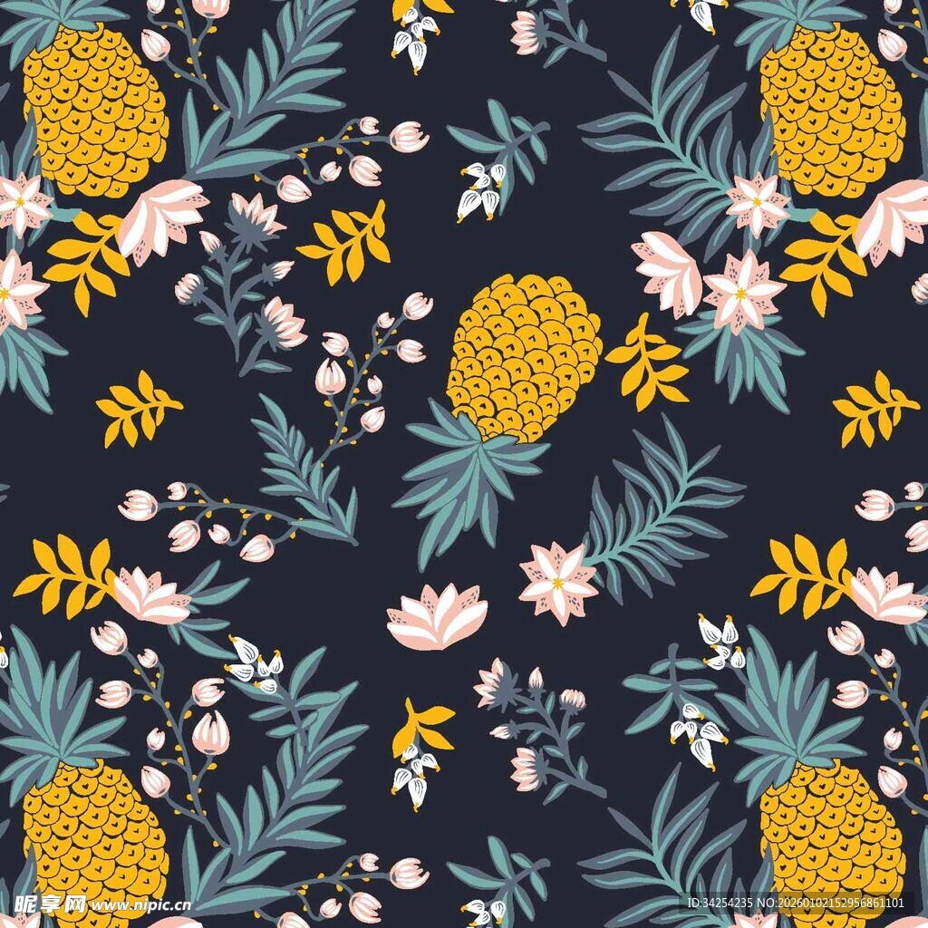 深蓝色底热带花卉菠萝图案
