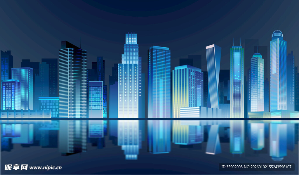 城市夜景璀璨摩天大楼倒影