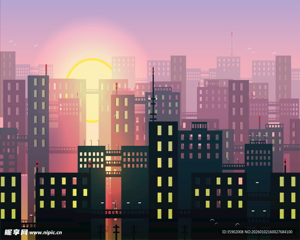 夕阳下的繁华都市景观