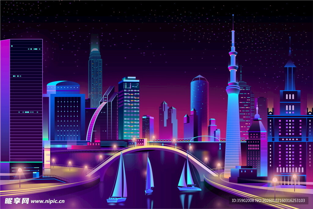 霓虹璀璨的未来都市夜景