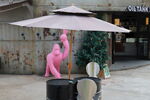 户外粉色雕塑与遮阳伞景观