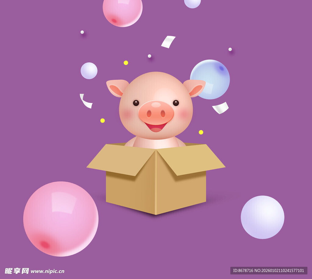 小猪从纸箱中探出可爱模样