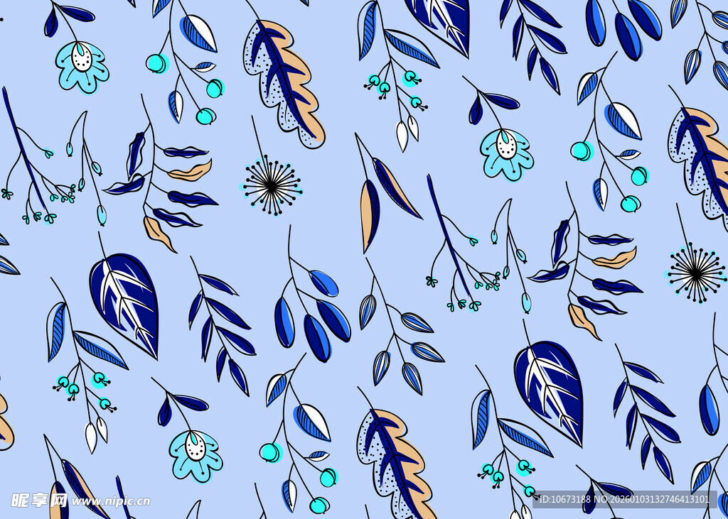 蓝底花卉植物无缝图案