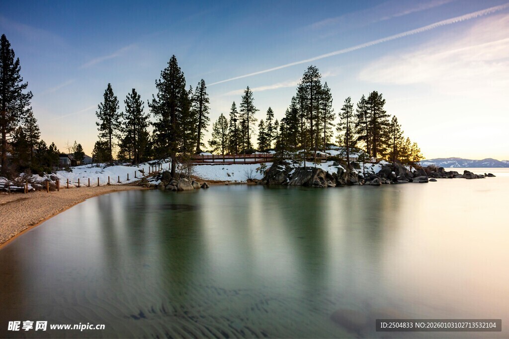 海滨静谧风光 树影映碧波