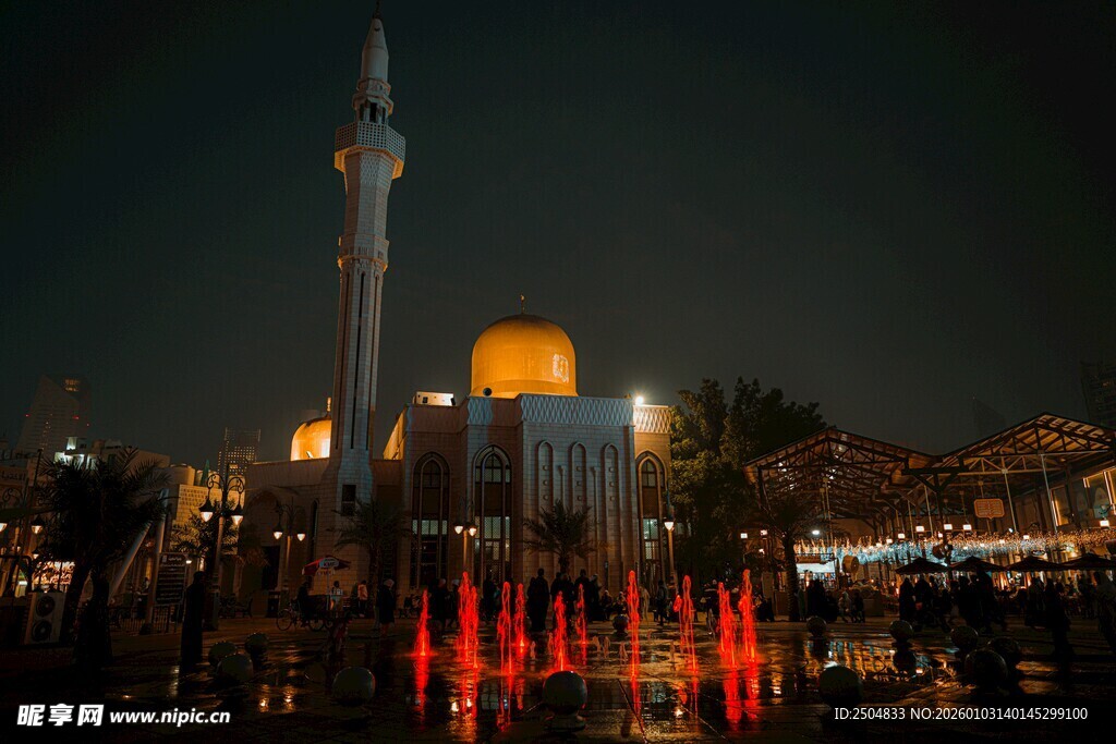 城市夜景中的高塔与喷泉