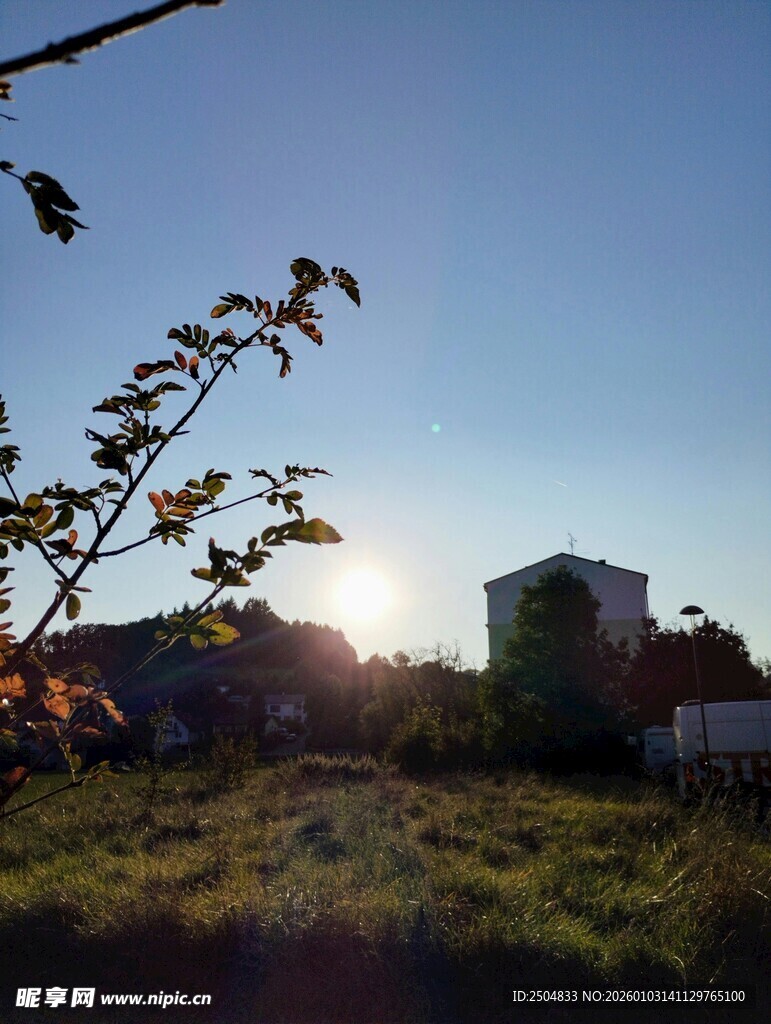 夕阳下的田野与建筑