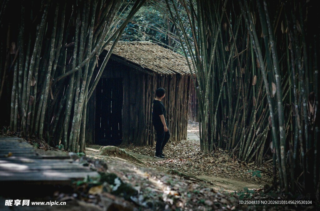 竹林中的小屋与行人