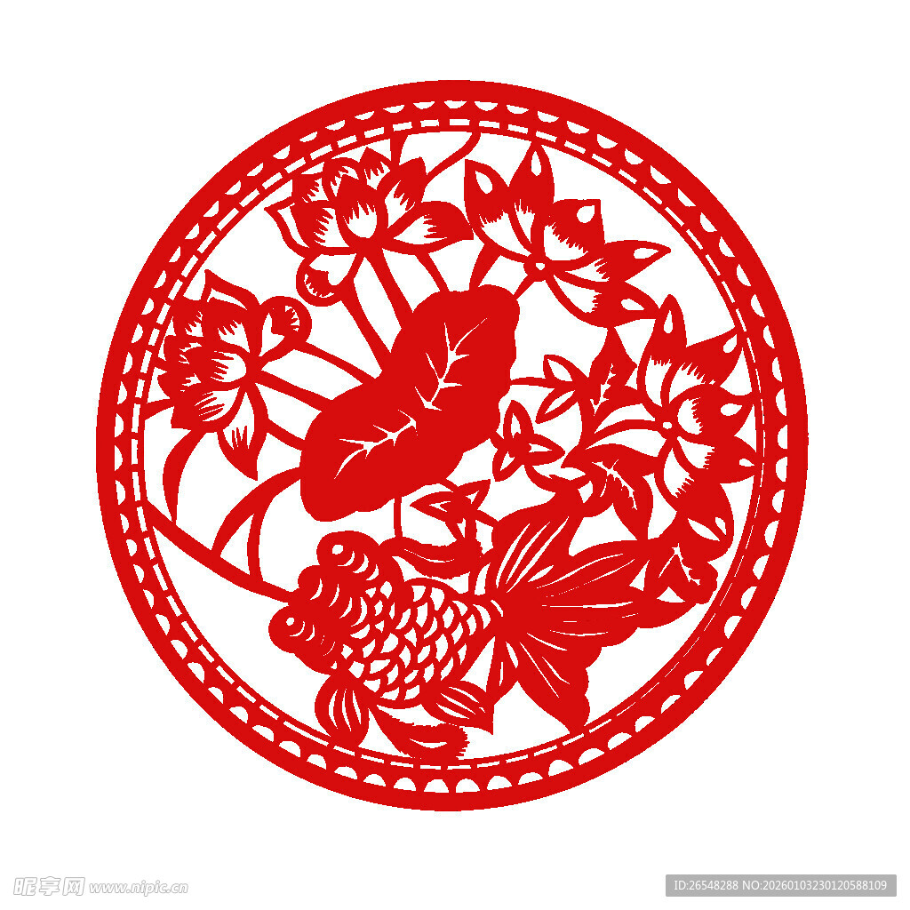 圆形鱼鸟剪纸艺术图案