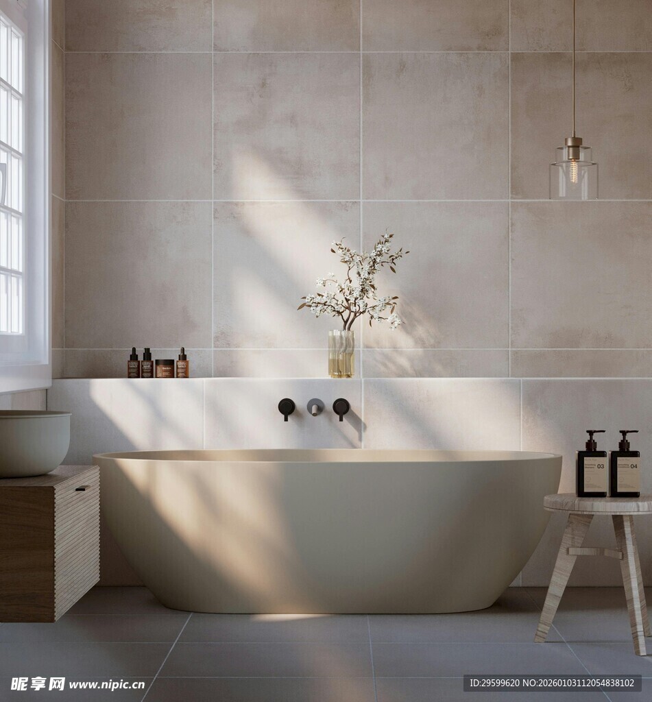 简约风浴室中的优雅浴缸