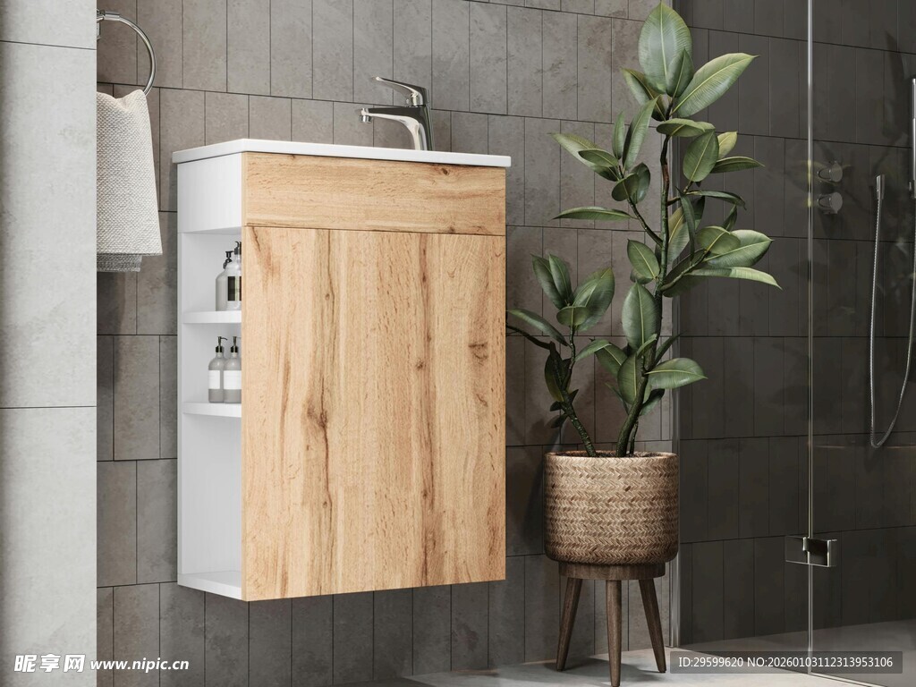 木质洗手台搭配绿植装饰