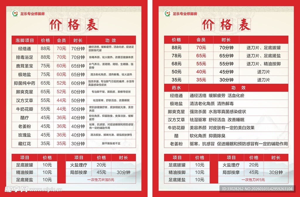 足疗价目表