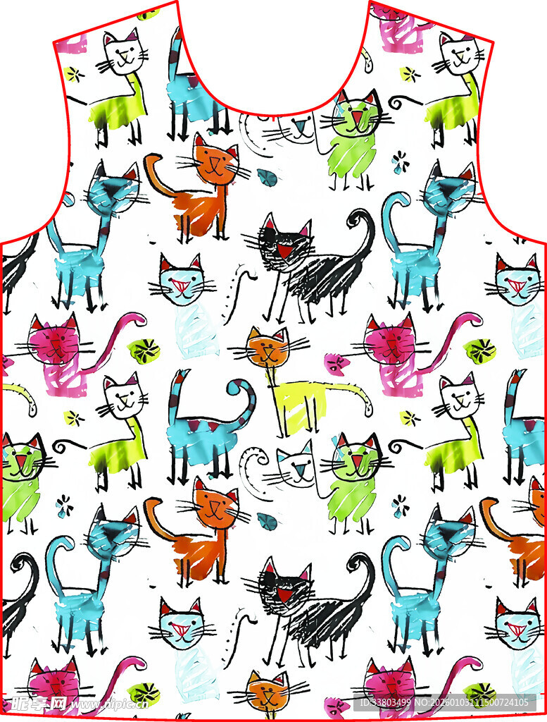 多彩猫咪图案无袖上衣