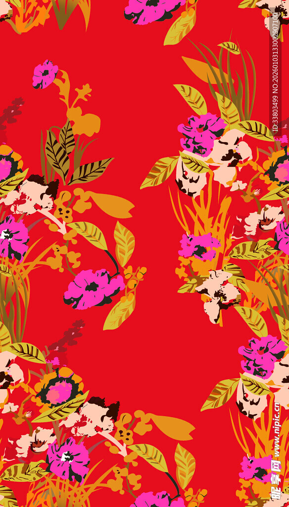 红色花卉图案布料纹理