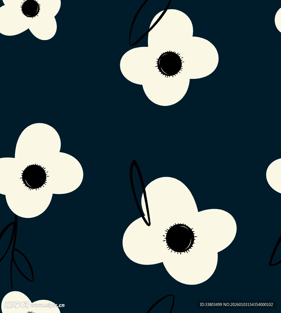 简约白花深蓝色背景图案