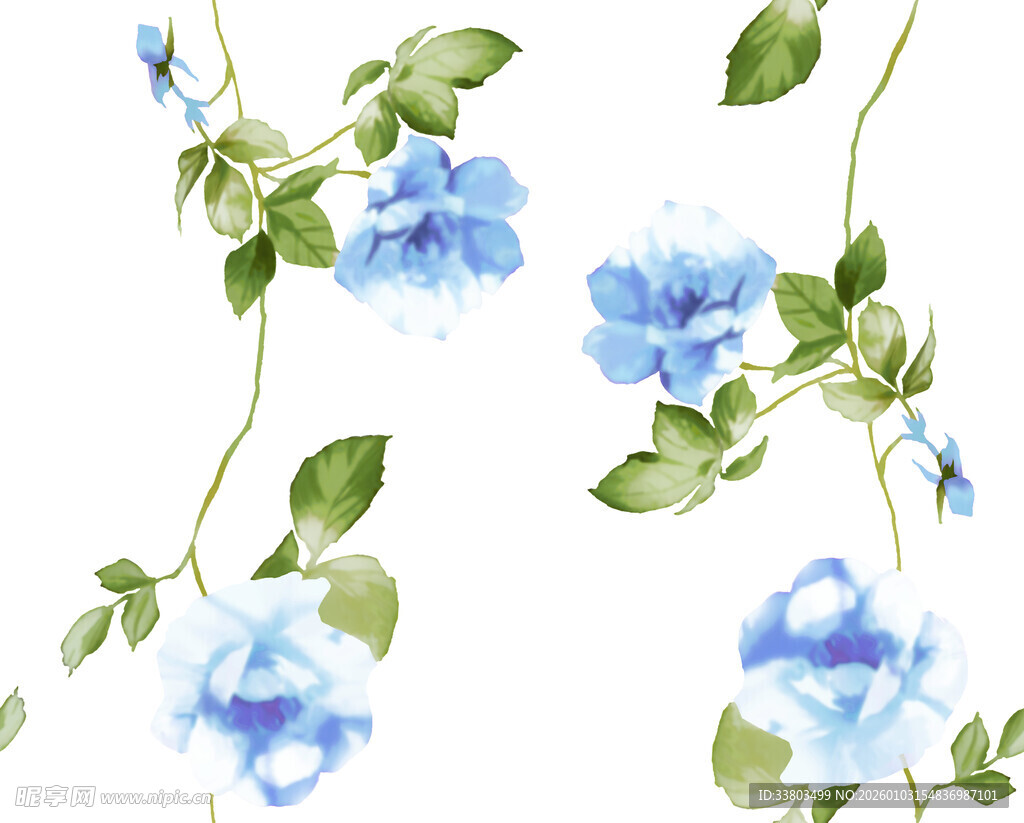 手绘蓝花绿叶图案素材