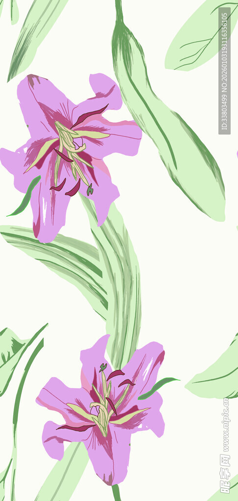 淡紫色花卉与绿叶插画