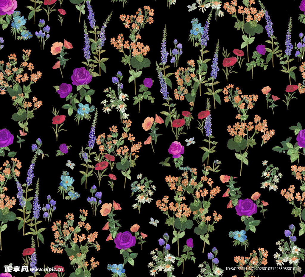 黑色背景多彩花卉图案