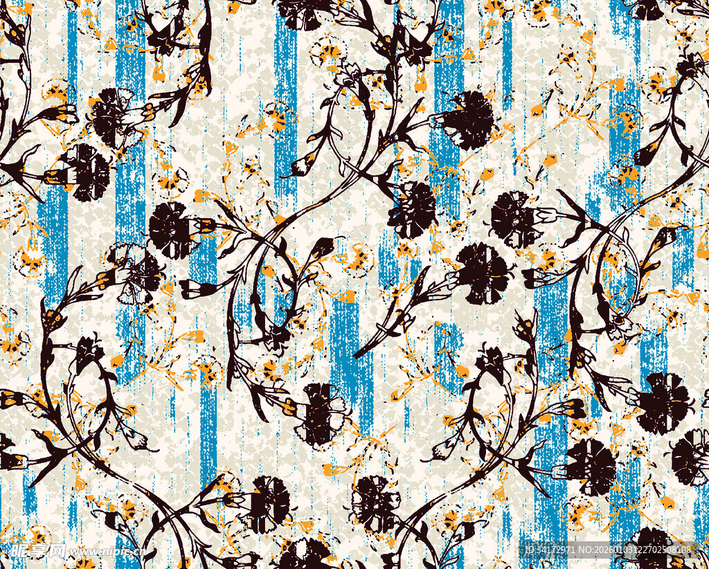 蓝白花卉条纹图案纹理