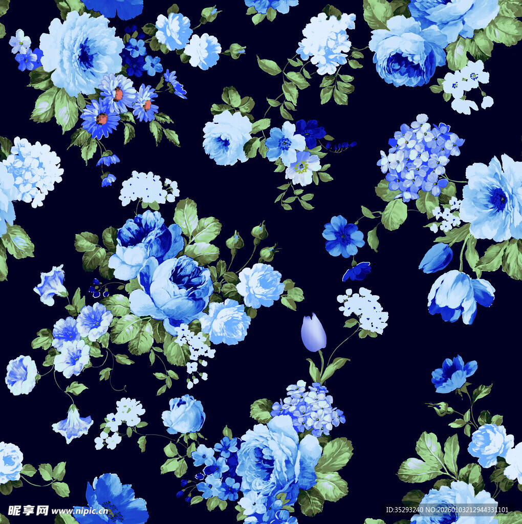 蓝白花卉图案布料纹理