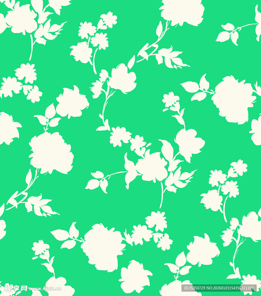 绿色底白色花卉